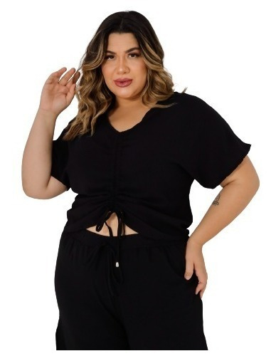 Cropped Manga Morcego Plus Size Feminino Liso Verão 2022 03