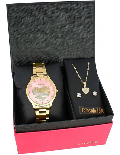 Kit Relogio Lince Feminino Lrgj139l Kn53 Folheado 18k Rosa Cor da correia Dourado Cor do bisel Dourado