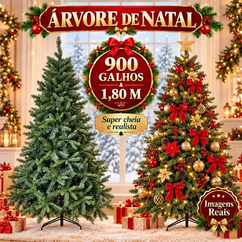 Árvore de Natal Tradicional Pinheiro Luxo 1,80m 900 Galhos Cheios