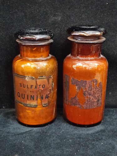2 Frascos Antiguos De Farmacia De Vidrio Caramelo Con Tapa 