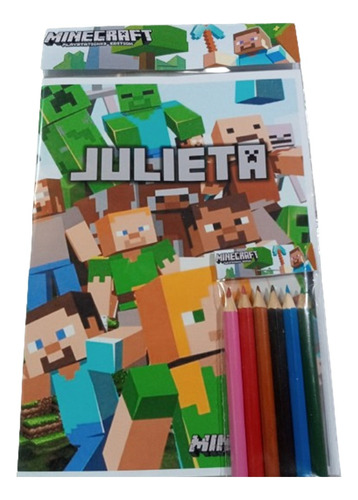 Libro Para Colorear Personalizado + 6 Lapices Minecraft