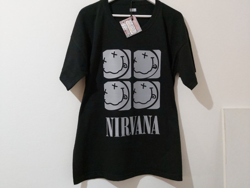 Remera Algodón Negra Nirvana Grey Pop Logo Cara