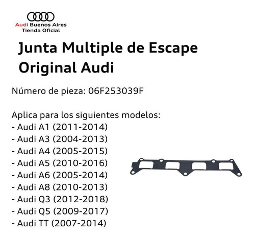 Imagen 2 de 6 de Junta Multiple De Escape Original Audi 06f-253-039-f