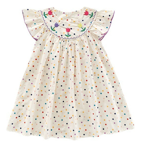 Vestido De Niña Bordado Con Tulipanes De Lunares Coloridos