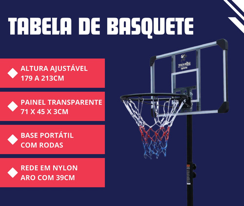 Tabela Cesta De Basquete Portátil Ajustável 2,13m Aro 39cm