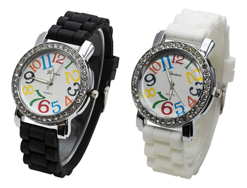 Relojes Geneva Silicona Mujer Blanco Y Negro Números Arcoíri