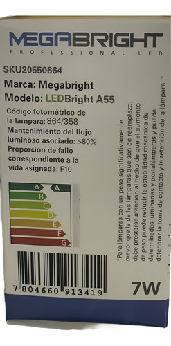 Ampolleta Led 7watt Base E-27 Megabright Luz Blanca Fria