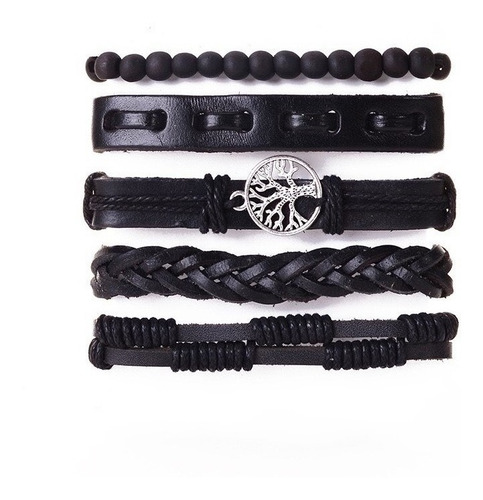 Conjunto Pulsera Hombre Cuero 5 En 1 Arbol Vida Negro