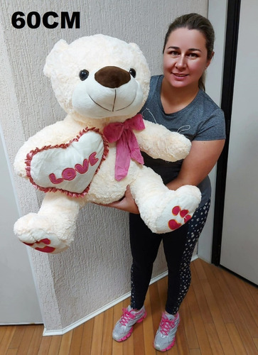 Urso Grande 60cm Pelúcia Creme Presente Namorada C/ Coração