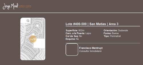 Lote Perimetral #400-500 - San Matias - Area 3 - 852m2 #id 12925