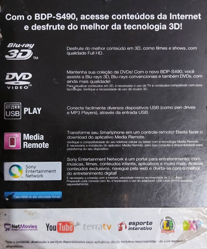 Blu Ray 3d Sony S-490 Youtube Netflix* Conexão Via Cabo :)
