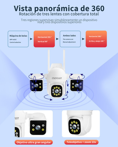 Cámara Seguridad Exterior 3 Lentes 360° Full Hd - Wifi 5mp, Visión Nocturna 10m Con 12 Ir + 14 Luces, Alerta Movimiento, Resistente Agua, Soporte Microsd 128gb Y Nube