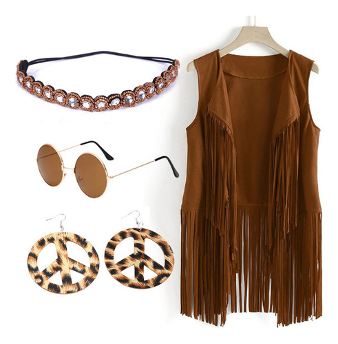 Chaleco Hippie Con Flecos De Los Años 60, Conjunto De 4 Piez