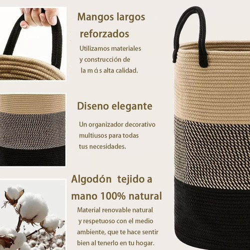 Cesto De Cuerda Tejido Con Asas 58l Beige Y Negro Multiusos