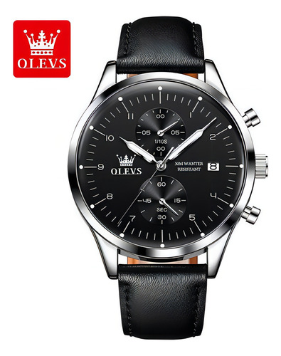 Relógios Casuais De Quartzo Em Couro Com Cronógrafo Olevs Cor Do Bisel Silver Black