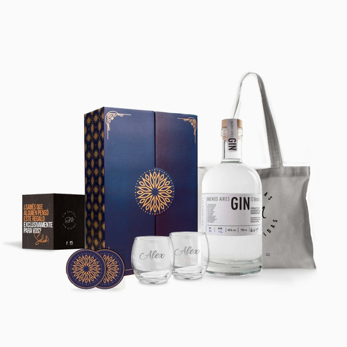 Box Gin Buenos Aires Estuche 750ml 2 Vasos Grabados Regalo  