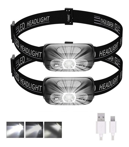 Imagen 9 de 10 de Set X 2 Linterna Minero Vincha Luz Led Sensor Recargable Usb