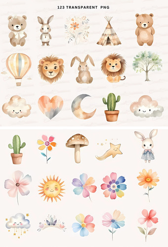 Kit Imagenes Png Clipart- Animales Boho Bebe Acuarela Diseño