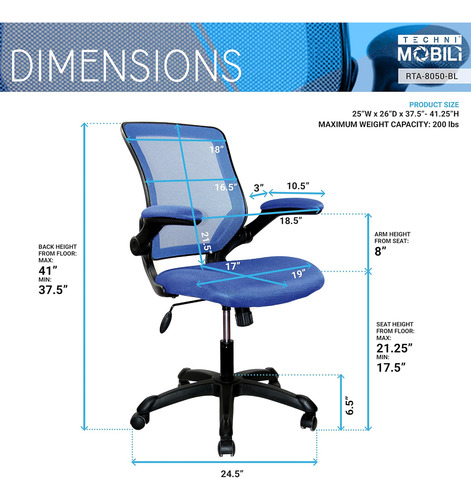 Silla De Oficina De Malla Con Brazos Abatibles. Color Azul