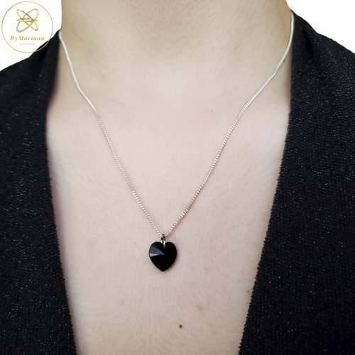 Imagen 2 de 7 de Cadena Plata + Dije Corazon Cristal Swa Negro 10 Mm
