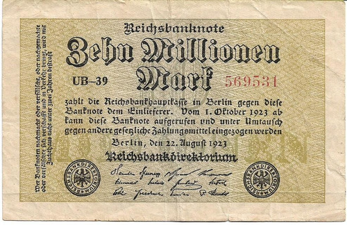 Alemania (reichbank) 10 Millones 1923 Pick 106a Unifaz Usado
