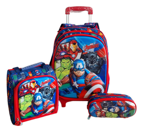 Set Mochila Avengers Con Luces En Ruedas Lonchera Cartuchera