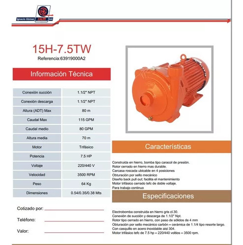 Bomba Centrifuga Ihm Mod 15h-7,5tw De 7,5hp 220 Volt 3 Ph