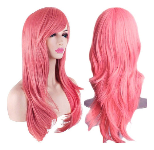 W Largo Rosa Ondulado Peluca Rizado Pelo Cosplay Pelucas