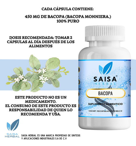 Bacopa Premium 450 mg 120 Cáps Saisa Herbal | Suplemento Alimenticio | Memoria, Concentración y Función Cognitiva