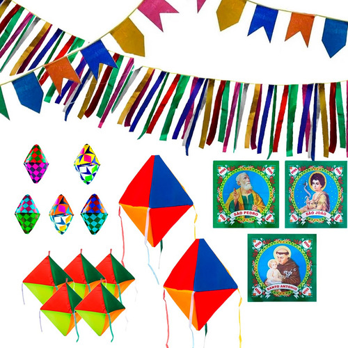 Decoração Festa Junina Kit 50m Bandeirinhas Balões Nylon Cor Sortido Kit Festa Junina