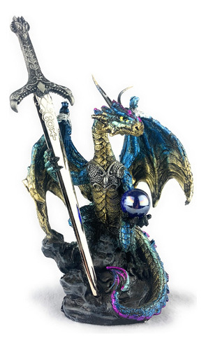 Estatua Dragon Con Espada Medieval Y Bola De Cristal