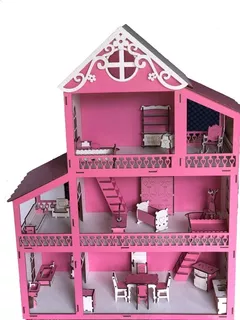 Casa De Boneca Barbie Completa Mdf Rosa E Branca + Kit