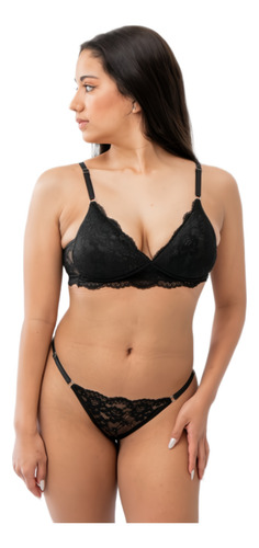 Conjunto Triángulo Taza Soft Less Regulable Algodón Encaje Negro 95