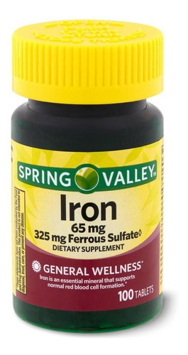 Spring Valley Ferro 65mg Com 100 Comprimidos Iron Suplemento Sabor Sem Sabor