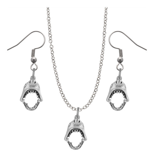 Kit Collar Y Aretes Animales Acuáticos Dije Cadena Acero Plateado Mandíbula Tiburon