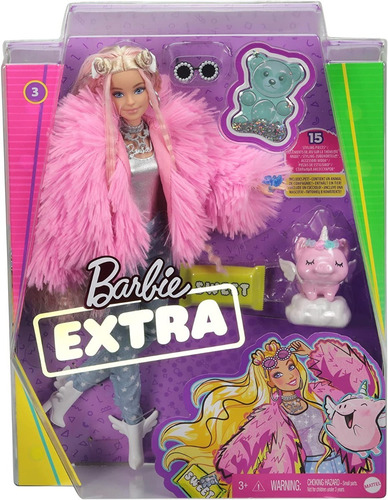 Imagen 1 de 9 de Barbie Extra Doll Con Abrigo Rosado Mascota Unicornio Mattel