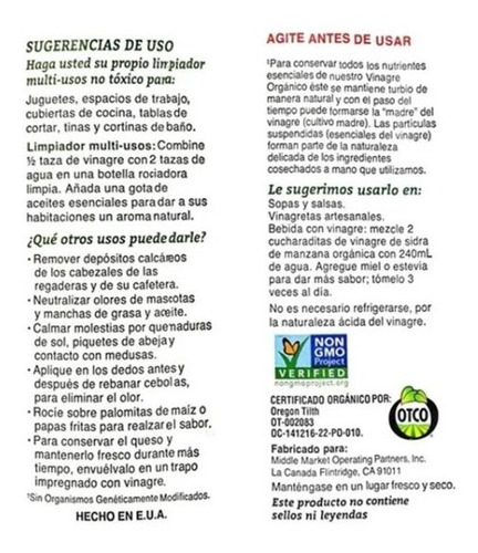 Imagen 2 de 2 de Vinagre De Sidra De Manzana Organico Con Cultivo Madre