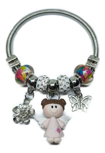 Pulsera De Angel Rosa Plateada Charm +estuche Ma8