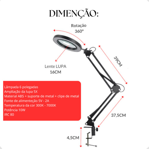 Luminaria Lupa Estética Thevisionaries Ring Light Articulada Mesa Bancada Garra Aumento 5X Lash Designer Esteticista Manicure Extensionista Cílios Iluminação Técnico Eletrônica Maquiadora Relojoeiro