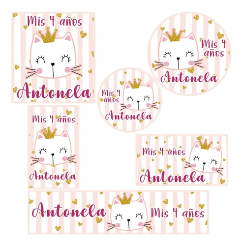 Kit 144 Sticker Gatita Rosa Dorado Princesa Troquelado Candy