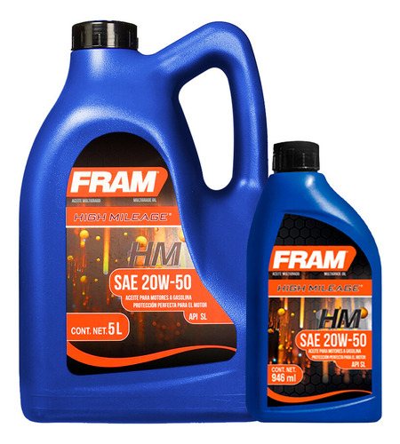 Aceite Mineral Fram Alto Kilometraje 20w50 Garrafa + Botella