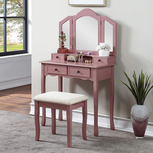 Tocador De Madera Oro Rosa Con Taburete Marca Roundhill Furn