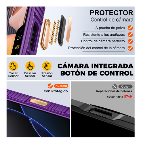 Funda Para iPhone 16 Pro Max Con Tarjetero (4-5 Tarjetas) Botón Control Cámara Tapa Deslizante Resistente A Los Golpes Tipo Billetera Púrpura + 2 Mic