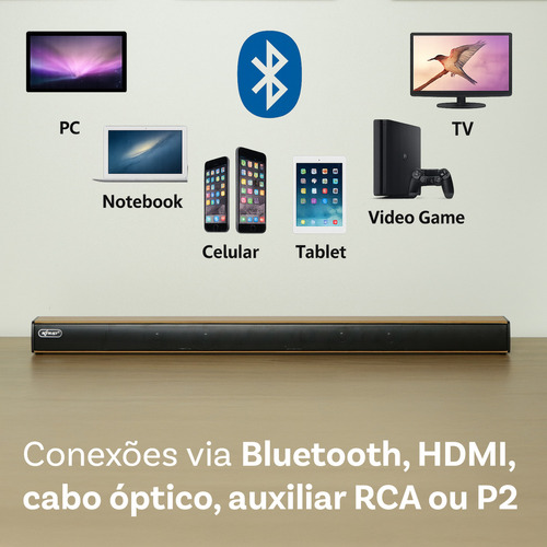 Home Theater Soundbar Caixa De Som Bluetooth Conexões HDMI Óptico Digital Auxiliar P2 ou RCA Rádio Fm Integrado 60w Com Controle Remoto Acompanha Régua Com Filtro e Fusível de Proteção Brinde