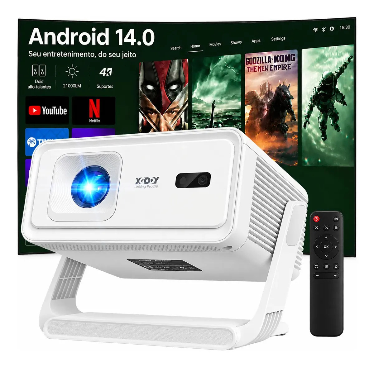 Projetor XGODY TOP A1 H Smart Portátil Full HD 1080p Android 14 com Foco Automático e Wi-Fi 6