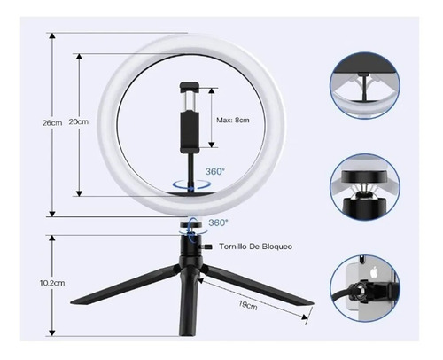 Imagen 3 de 7 de Aro De Luz Led 26cm Tripode Para Celular+ Remoto Bluetooth