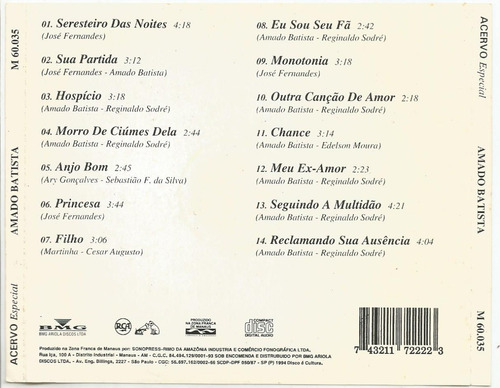 Cd - Amado Batista - Acervo Especial - 14 Músicas - 1994 (Usado)