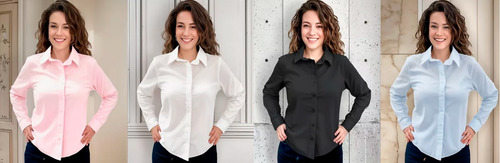 Camisa Mujer Manga Larga De Algodón Celeste
