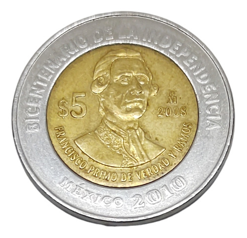 Moneda 5 Pesos Francisco Primo De Verdad Sin Puntos Año 2008