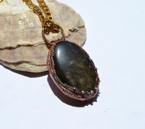 Collar Dije De Obsidiana Dorada, Joyeria De Autor, Cod1